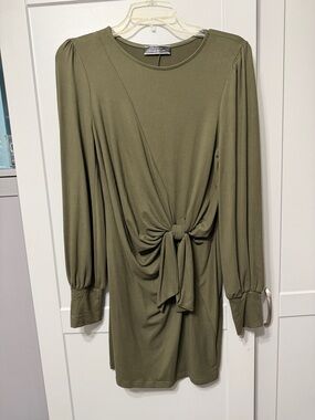 Blue Blush Olive Green Long Sleeve Knot Front Mini Dress